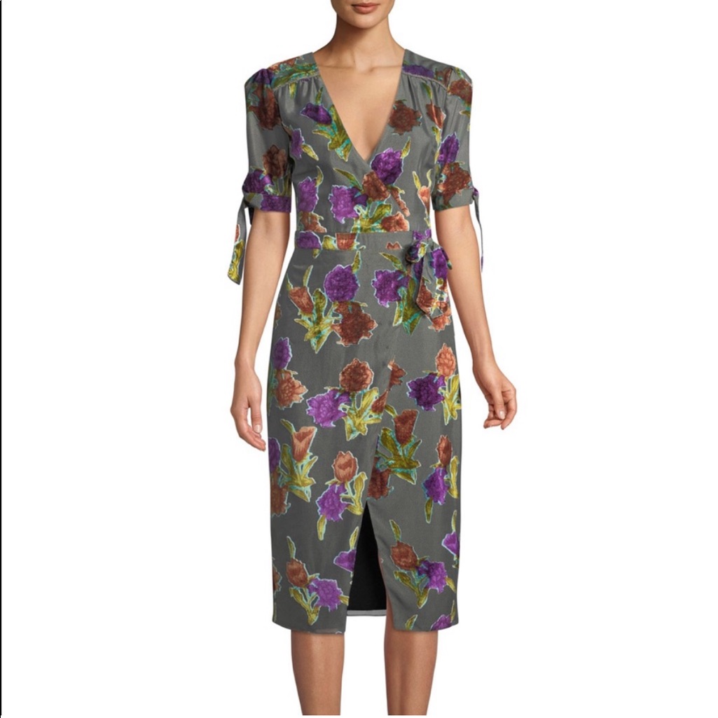 Saylor Floral Burnout Velvet Wrap Dress W/ Short Sleeves
